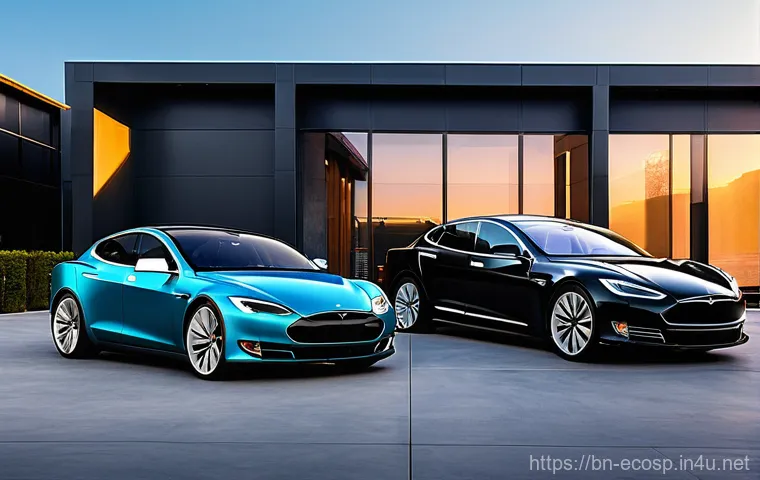 애스턴마틴 라피드 E와 테슬라 모델 S 비교 - **A study in contrasting electric luxury.**
A photorealistic, highly detailed image showcasing t...