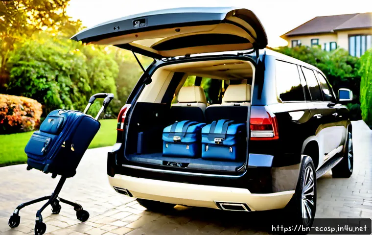 롤스로이스 컬리넌 럭셔리 SUV의 적재 용량 - Photorealistic rear three-quarter view of an ultra-luxury full-size SUV with its tailgate open, spac...