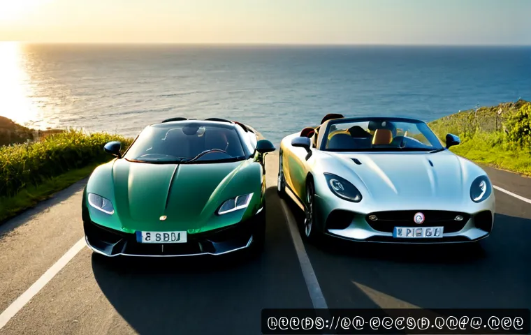 애스턴마틴 Vantage 로드스터와 포르쉐 718 비교 - Photorealistic side-by-side luxury sports car comparison on a quiet coastal highway at sunrise: a sl...